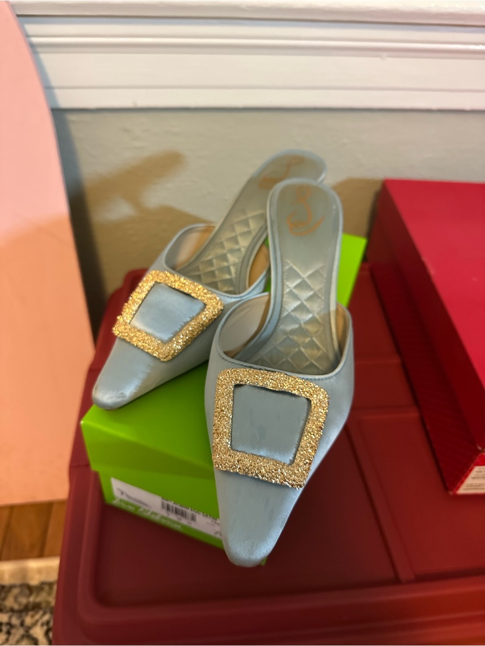 Sam Edelman Pale Blue Pointed Slip-On Mules with Gold Glitter Buckles